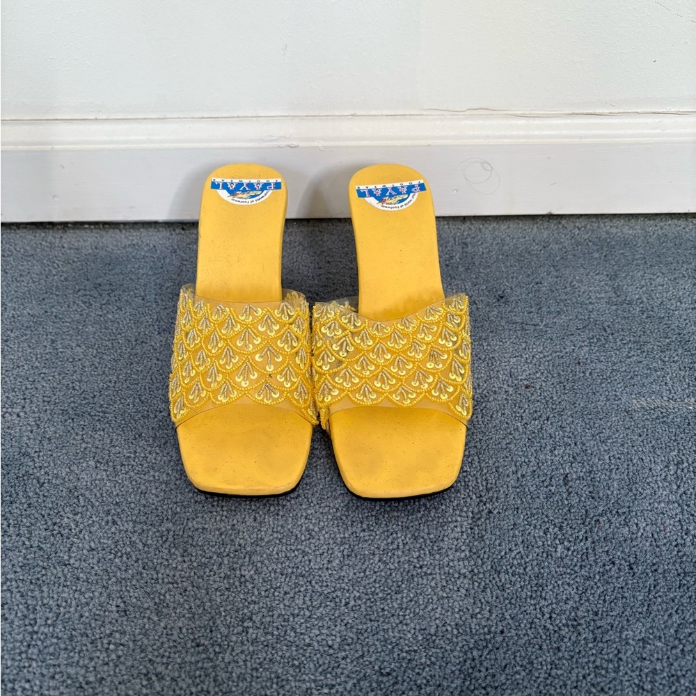 Yellow Embellished Women's Slide Sandals